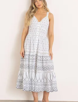 Women's Lace Trim Printed Cotton Midaxi Dress in White Size: 10 - White - Size: 10 - Klass. - FashionsVida