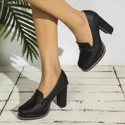 Zapatos de tacón alto para mujer con tacón grueso de grano de madera, punta cuadrada, zapatos de trabajo