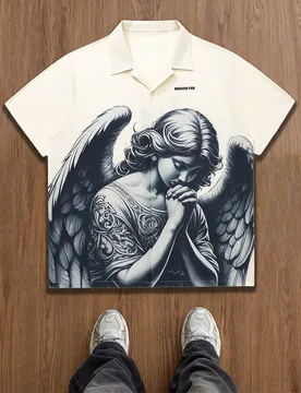 Camisa de verano casual de playa para hombre, camisa suelta de estilo callejero vintage con estampado de ángel - Shein - FashionsVida