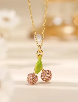 Ins Trendy Luxury Pink Faux Zircon Cherry Enamel Green Leaf Pendant Necklace for Women Sweet Elegant Party Jewelry Chic Gift - Aliexpress - FashionsVida