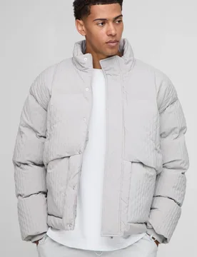 Men's Oversized Fit Textured Funnel Neck Puffer Jacket Grey Size X-Small Grey XS - boohooMAN - FashionsVida