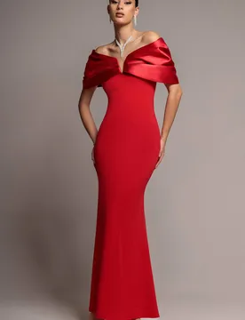 Women's Satin Plunge Neck Bardot Scuba Maxi Dress in Red Size: 18 - Red - Size: 18 - Goddiva - FashionsVida
