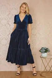 Women's Navy Velvet Midi Dress Size: 16 - Navy - Size: 16