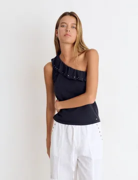 Camiseta asimétrica de mujer con volante y tachas - Brownie - FashionsVida