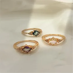 New Women's Ring Exquisite Copper Inlaid with Colorful Artificial Zircon Square Rhombus Personalized Light Luxury Fashion Party