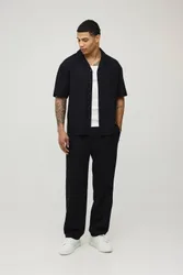 Herren Urlaubs-Leinenmischung Oversized Hemd & Entspannte Hosen Set Black Größe Small