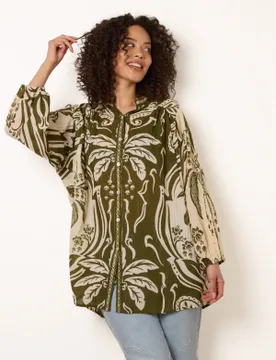 Tropical Metallic Oversized Shirt - ONE / KHAKI - female - Blue Vanilla - FashionsVida