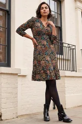 Women's Floral Print V-Neck Stretch Dress in Teal Size: 18 - Teal - Size: 18