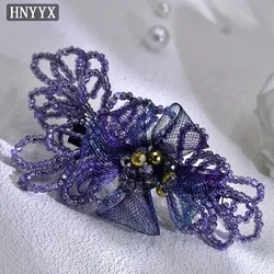 HNYYX Elegant Purple Color Beaded Hair Clip Vintage Mesh Floral Hair Barrette Crystal Hair Accessory for Wedding Party A211