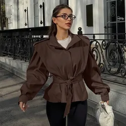 Solid Big Lapel Collar Short Jacket Epaulet Shoulder Self Tie Belt Waist Cinched Lantern Long Sleeve Loose Casual Coat 260701