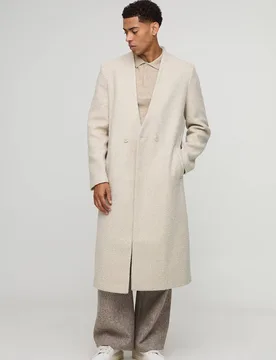 Men's Oversized Longline Double Breasted Collarless Melton Overcoat Ecru Size Medium Ecru M - boohooMAN - FashionsVida