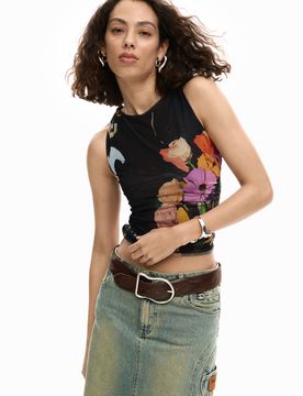 Top tul flores, Mujer, Poliester, Negro, M