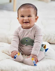 Pure Cotton Striped Dino Zip Sleepsuit (0-12 Mths) Brown Mix unisex