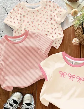 Happikins Juego de 3 camisetas de manga corta y cuello redondo casuales y versátiles para niñas jóvenes, con diseños bohemios florales, rayas suav - Shein - FashionsVida