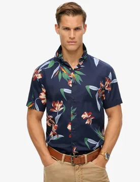 Superdry Herren Marineblau, Grün und Braun Kurzärmeliges Hawaiihemd Bedruckt, Größe: S - Größe: S - 69.99 - FashionsVida