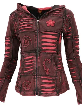 Kapuzenjacke - Goa Patchwork Kapuzenjacke - S bis L - für Damen - Größe L - bordeaux - Frauen - female - Guru-Shop - FashionsVida