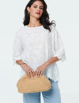Women's Floral Textured 3/4 Sleeve Blouse in White Size: Medium/Large - White - Size: M/L - Izabel London - FashionsVida