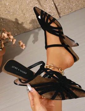 Sandalias de mujer con punta puntiaguda, tacón de bloque y tejido, para ir al trabajo y múltiples ocasiones. Tacón alto, cuña, verano, cita - Shein - FashionsVida
