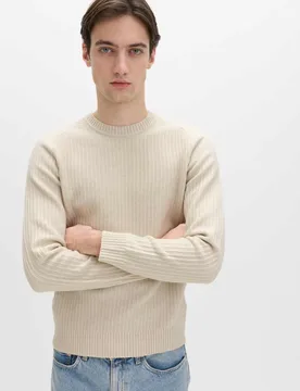 Cotton Blend Textured Crew Neck Jumper Ecru male - M&S - FashionsVida