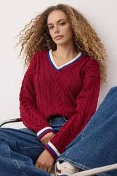 Collegiate Cable Knit Regular Fit Sweater - Burgundy - Size: L