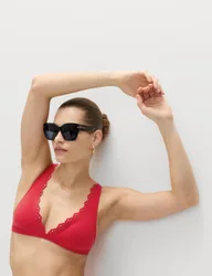 Broderie Trim Sculpt Padded Plunge Bikini Top Lacquer Red female