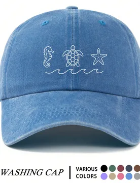 Pieza Gorra de béisbol vintage lavada con estampado de patrón de tortuga marina y sol, gorra esencial de verano para atuendos diarios y deportes al - Shein - FashionsVida