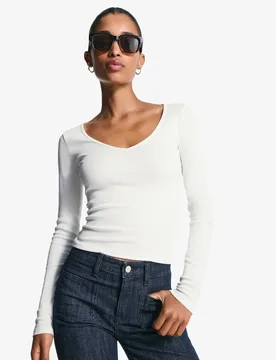 T-Shirt À Manches Longues Col En V Xl Blanc Cassé - Bershka - FashionsVida