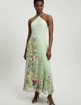 Chiffon Floral Print Halter Neck Woven Maxi Dress - Sage - Size: 12 - Karen millen - FashionsVida