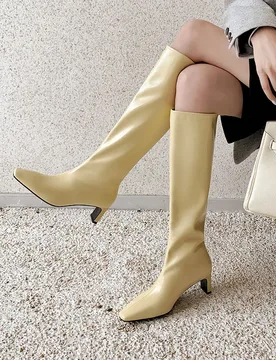 Arden Furtado 2025 Autumn yellow Cowhide Knee high boots Square-head Pull-on Chunky heels Modern boots Simple style Knight boots - Aliexpress - FashionsVida