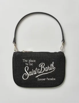 Borsa a spalla Parisienne nera in paglia intrecciata con logo bianco e tracolla - MC2 SAINT BARTH - FashionsVida