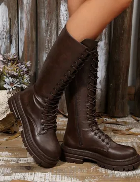 Botas altas con suela gruesa de nueva temporada otoño/invierno, botas de montar de moda para mujer con cordones y cremallera lateral estilo punk, bot - Shein - FashionsVida