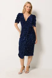 Velvet Short Sleeve Sequin Wrap Dress - Dark Navy - Size: 18