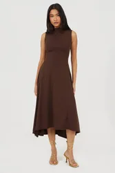 Jersey High Neck Asymetric Hem Maxi Dress - Chocolate - Size: S