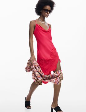 Vestido lencero asimétrico, Mujer, Viscosa, Rojo, L