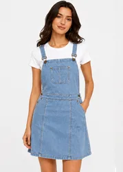 Womens Light Denim Dungaree Pinafore Dress - Light Blue - Size 10 Uk