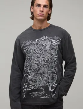 Mens Oversized Dragon Print Washed Long Sleeve T-Shirt - Charcoal Cotton - Size X-Large - boohooMAN - FashionsVida
