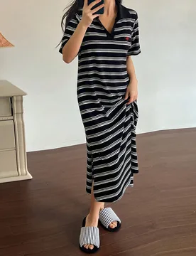 Camisón largo de mujer con solapa a rayas y bordado de letras, pijama Moo Moo - Shein - FashionsVida