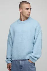 Herren Boxy Fit Gestrickter Pullover mit gebürstetem Stoff und verlängertem Kragen Light Blue Größe XS