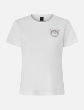 T-shirt bianca in cotone con maniche corte e logo in cristalli e perle ricamato sul petto - PINKO - FashionsVida