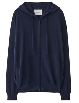 Men's Cashmere Front Two-Way Zip Hoodie with Drawstring Hood and Ribbed Hems