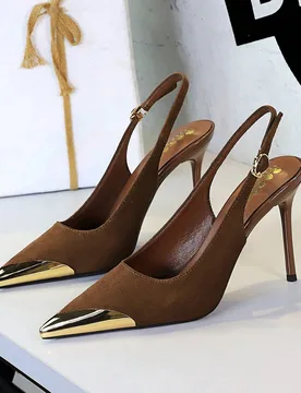 Tacones altos de punta metálica con estilo europeo y americano, tacón delgado y súper alto con correa de tobillo, zapatos de fiesta para mujer, tac - Shein - FashionsVida