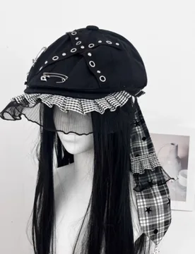 Niche Personality Y2k Punk Long Ears Black Forward Hat Spring and Autumn Trend Check Lace Pin Design Flat Top Berets for Women's - Aliexpress - FashionsVida