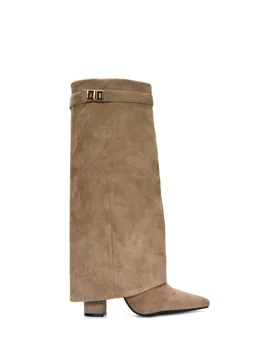 Women's 'Rayna' Block Heel Knee High Foldover Boots With Pointed Toe in Taupe Size: 7 - Taupe - Size: 7 - XY London - FashionsVida