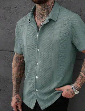 Camisa de manga corta de punto jacquard de unicolor para hombre - Shein - FashionsVida