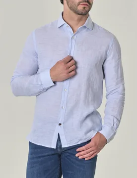 Camicia azzurra in puro lino tinto filo con colletto alla francese - Alley Docks - FashionsVida