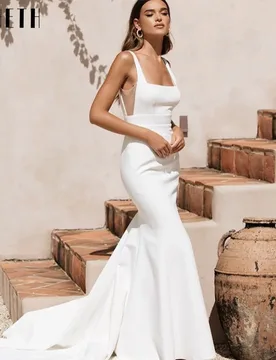 JEHETH Backless Mermaid Wedding Dress Women Sexy White Spaghetti Straps Chic Boho Bridal Gowns Elastic Satin Vestidos De Novia - Aliexpress - FashionsVida