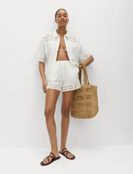 Pure Cotton Lace Insert Beach Shorts Soft White female - M&S - FashionsVida