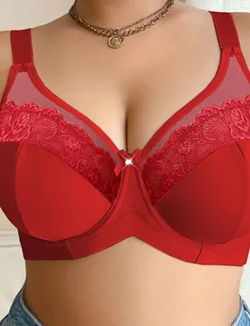 Sujetador con aros de talla grande con parches de malla y encaje de unicolor - Shein - FashionsVida