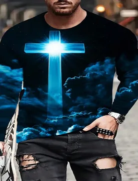 Camiseta de manga larga con cuello redondo y estampado 3D de cruz y nubes, adecuada para actividades al aire libre en primavera y otoño, regalo espec - Shein - FashionsVida