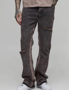 Men's Tall Slim Flare Washed Distressed Gusset Panel Jeans Stone Size 40 Stone 40 - boohooMAN - FashionsVida